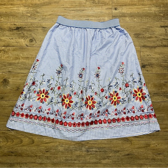 NWOT MAGIC Floral Embroidered Skirt Blue Checkered Garterized Waist Size XL - Picture 9 of 15